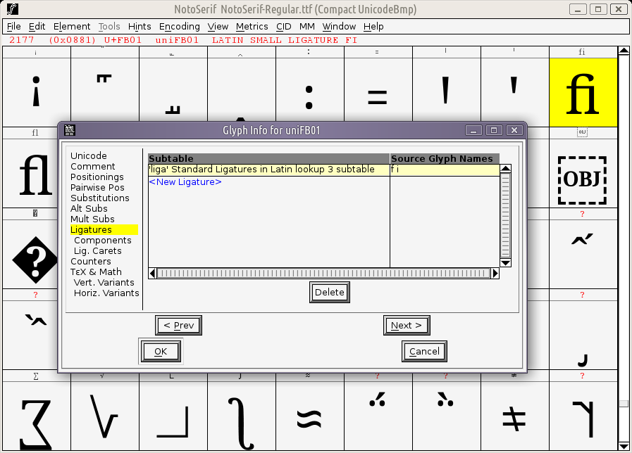لقطة من برنامج FontForge للمحرف LATIN SMALL LIGATURE FI (خانته: `U+FB01`) في الخط Noto Serif.