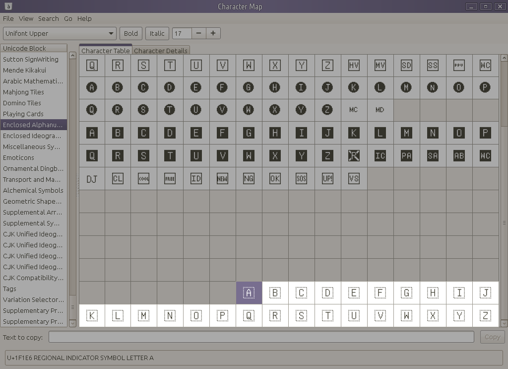 لقطة من برنامج GNOME Character Map لمجموعة المحارف Regional Indicator Symbol Letters