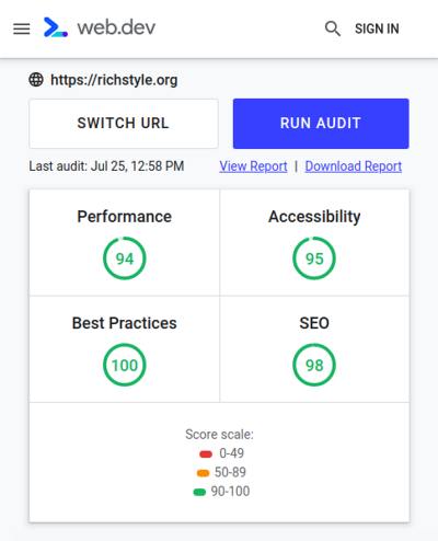 A screenshot of Web.dev evaluating RichStyle.org